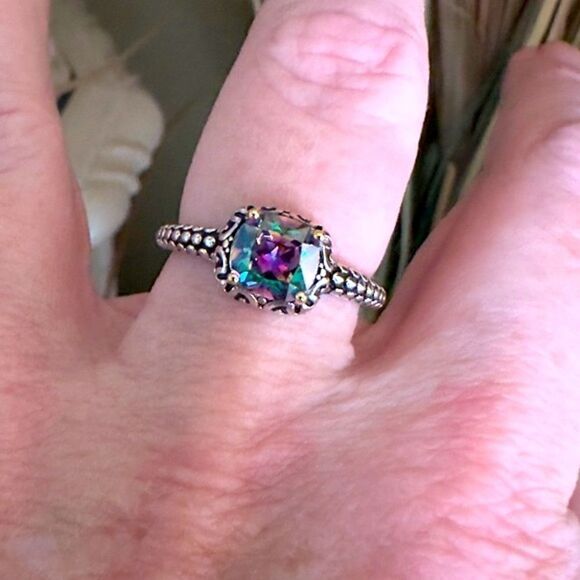 Sterling Silver Celtic Rainbow Topaz Cushion CZ Ring - Picture 4 of 10